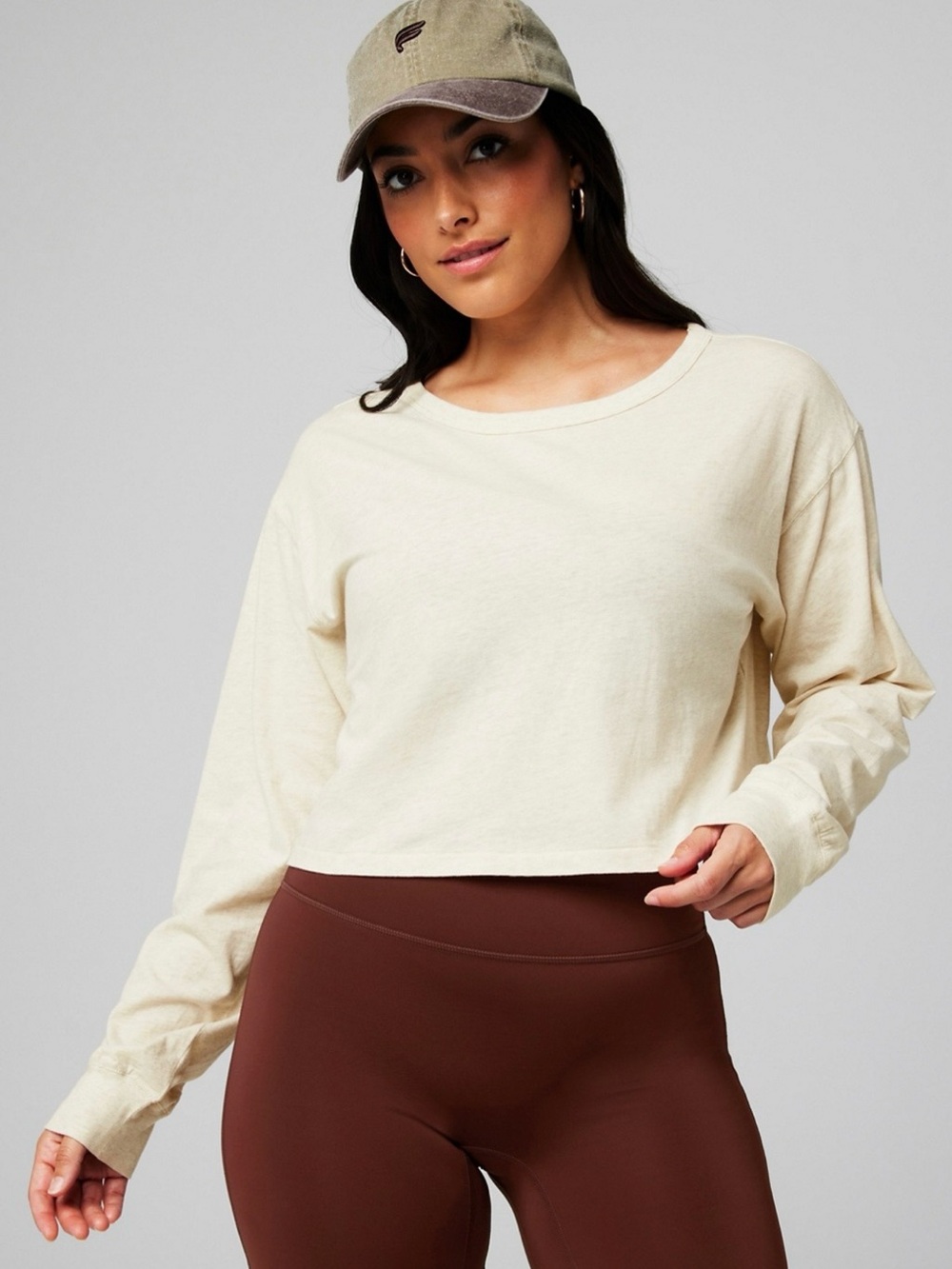 Fabletics Bone Heather 100% Cotton Cropped Boxy Long Sleeve Top Size L
